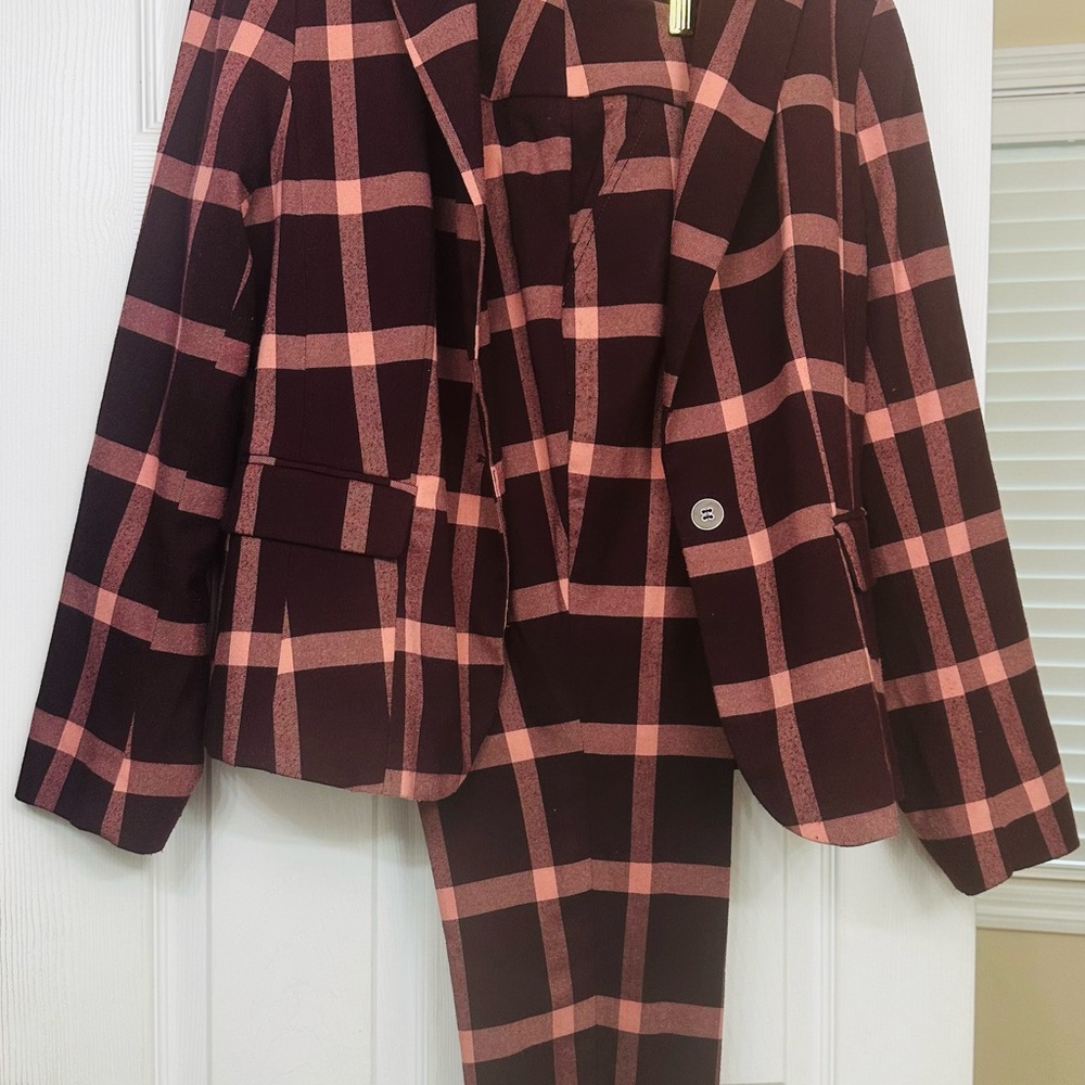 New York & Company Pink and Maroon Plaid Pantsuit